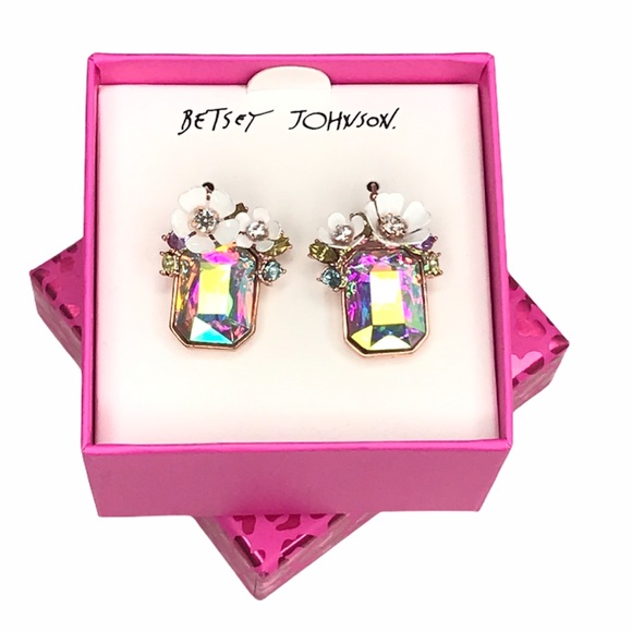 Betsey Johnson Flower Rectangle Stone Drop Earring - Picture 2 of 6
